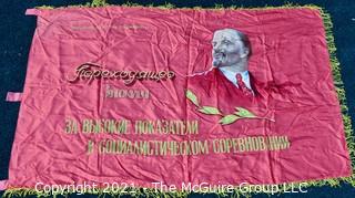 Vintage Red Silk or Satin with Gold Fringe Communist Russian Soviet Banner or Flag.  