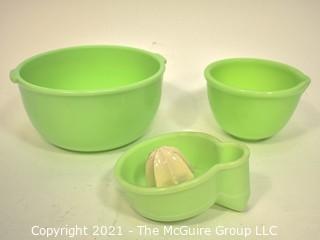 Three (3) Pieces of Vintage Green Jadeite Glassware. Includes Anchor Hocking Mixing Bowl and Reamer.