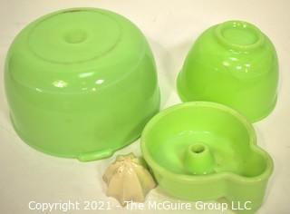 Three (3) Pieces of Vintage Green Jadeite Glassware. Includes Anchor Hocking Mixing Bowl and Reamer.