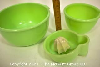 Three (3) Pieces of Vintage Green Jadeite Glassware. Includes Anchor Hocking Mixing Bowl and Reamer.