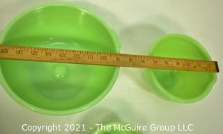 Three (3) Pieces of Vintage Green Jadeite Glassware. Includes Anchor Hocking Mixing Bowl and Reamer.