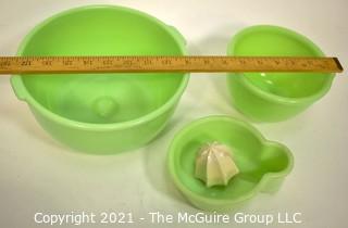 Three (3) Pieces of Vintage Green Jadeite Glassware. Includes Anchor Hocking Mixing Bowl and Reamer.