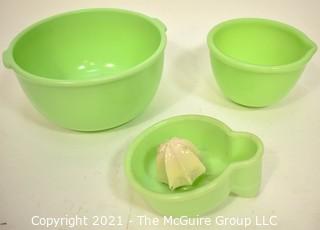 Three (3) Pieces of Vintage Green Jadeite Glassware. Includes Anchor Hocking Mixing Bowl and Reamer.