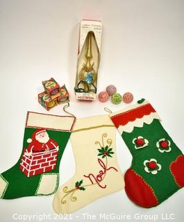 Group of Vintage Christmas Decorations Including Felt Stockings, Tree Topper in Box and 3 Lighted Ice Christmas Bulbs in Boxes.