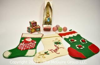 Group of Vintage Christmas Decorations Including Felt Stockings, Tree Topper in Box and 3 Lighted Ice Christmas Bulbs in Boxes.