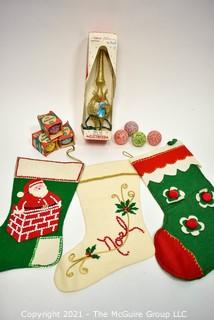 Group of Vintage Christmas Decorations Including Felt Stockings, Tree Topper in Box and 3 Lighted Ice Christmas Bulbs in Boxes.