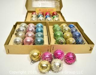 Three (3) Boxes of Mini Shiny Brite Glass Ball Ornaments. Includes Wire Mesh Wrapped and a few outside of the box.