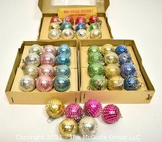 Three (3) Boxes of Mini Shiny Brite Glass Ball Ornaments. Includes Wire Mesh Wrapped and a few outside of the box.