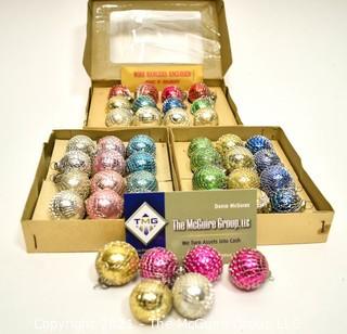 Three (3) Boxes of Mini Shiny Brite Glass Ball Ornaments. Includes Wire Mesh Wrapped and a few outside of the box.