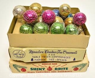 Three (3) Boxes of Mini Shiny Brite Glass Ball Ornaments. Includes Wire Mesh Wrapped and a few outside of the box.