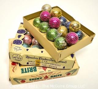 Three (3) Boxes of Mini Shiny Brite Glass Ball Ornaments. Includes Wire Mesh Wrapped and a few outside of the box.