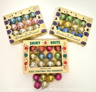 Three (3) Boxes of Mini Shiny Brite Glass Ball Ornaments. Includes Wire Mesh Wrapped and a few outside of the box.