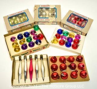 Seven (7) Boxes of Mini Shiny Brite Glass Ball Ornaments.  Includes Tear Drops. One is missing box top. 