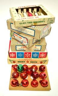 Seven (7) Boxes of Mini Shiny Brite Glass Ball Ornaments.  Includes Tear Drops. One is missing box top. 