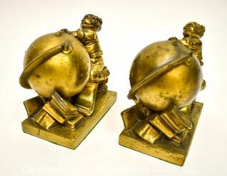 Heavy Bronze Globe And Astronomer Bookends, PM Craftsman. Each Measures 5" x 6". *