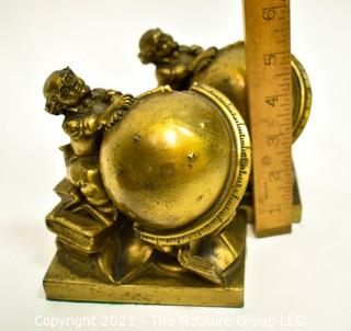 Heavy Bronze Globe And Astronomer Bookends, PM Craftsman. Each Measures 5" x 6". *