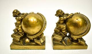 Heavy Bronze Globe And Astronomer Bookends, PM Craftsman. Each Measures 5" x 6". *