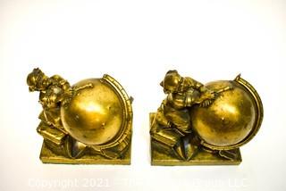 Heavy Bronze Globe And Astronomer Bookends, PM Craftsman. Each Measures 5" x 6". *