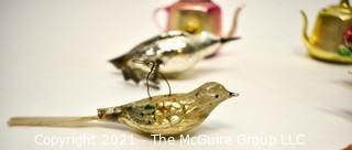 Group of Seven (7) Vintage Blown Glass Figural Ornaments Including Tea Pots, Birds and Fish.