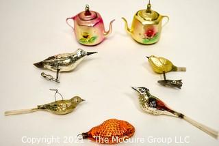 Group of Seven (7) Vintage Blown Glass Figural Ornaments Including Tea Pots, Birds and Fish.