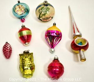 Group of Eight (8) Vintage Mercury Glass Figural Ornaments and Tree Topper.