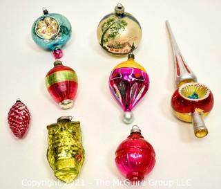 Group of Eight (8) Vintage Mercury Glass Figural Ornaments and Tree Topper.