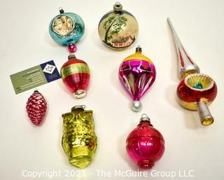 Group of Eight (8) Vintage Mercury Glass Figural Ornaments and Tree Topper.