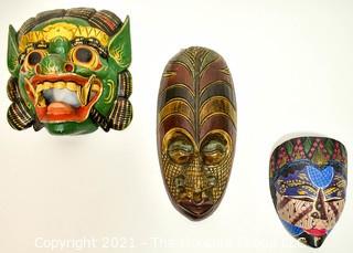 Three (3) Wood Hand Carved & Painted Asian & Tribal Face Masks, Ethnographic. Including Dragon Mask.