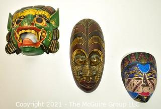 Three (3) Wood Hand Carved & Painted Asian & Tribal Face Masks, Ethnographic. Including Dragon Mask.