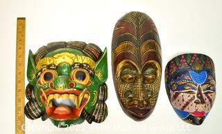 Three (3) Wood Hand Carved & Painted Asian & Tribal Face Masks, Ethnographic. Including Dragon Mask.