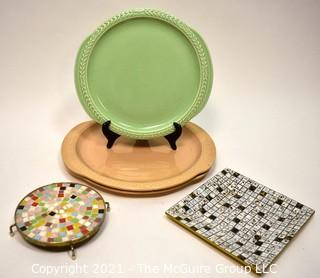 Group of Mid Century Serving Items Including Mosaic Trivet Trays and Pottery Chargers. 