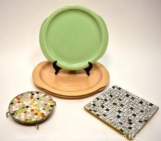 Group of Mid Century Serving Items Including Mosaic Trivet Trays and Pottery Chargers. 