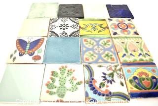 Group of 16 Unique Hand Painted Tiles. Each Measure 4" square.  Includes Glass Formed Tiles and Textured Border Tiles. 