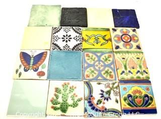 Group of 16 Unique Hand Painted Tiles. Each Measure 4" square.  Includes Glass Formed Tiles and Textured Border Tiles. 