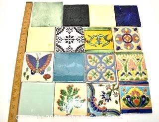 Group of 16 Unique Hand Painted Tiles. Each Measure 4" square.  Includes Glass Formed Tiles and Textured Border Tiles. 