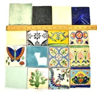 Group of 16 Unique Hand Painted Tiles. Each Measure 4" square.  Includes Glass Formed Tiles and Textured Border Tiles. 