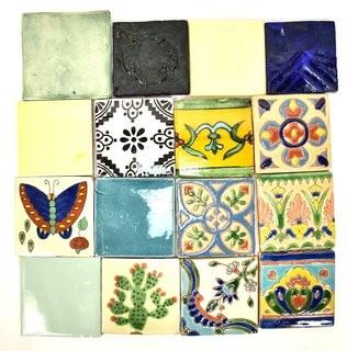 Group of 16 Unique Hand Painted Tiles. Each Measure 4" square.  Includes Glass Formed Tiles and Textured Border Tiles. 