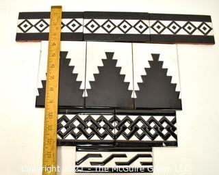 Set of 6 Black & White Hand Painted Tiles Trim Pieces   Various Sizes. 