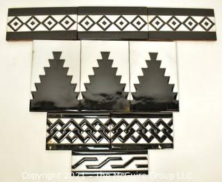 Set of 6 Black & White Hand Painted Tiles Trim Pieces   Various Sizes. 