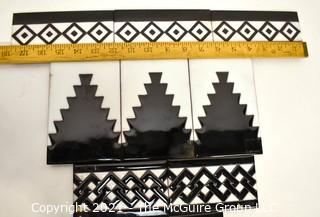 Set of 6 Black & White Hand Painted Tiles Trim Pieces   Various Sizes. 