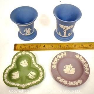 Four (4) Small Decorative Pieces of Wedgwood Porcelain In Sage Green, Blue and Purple Jasperware.