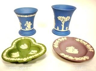 Four (4) Small Decorative Pieces of Wedgwood Porcelain In Sage Green, Blue and Purple Jasperware.