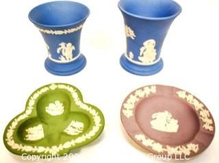 Four (4) Small Decorative Pieces of Wedgwood Porcelain In Sage Green, Blue and Purple Jasperware.