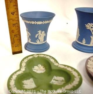 Four (4) Small Decorative Pieces of Wedgwood Porcelain In Sage Green, Blue and Purple Jasperware.