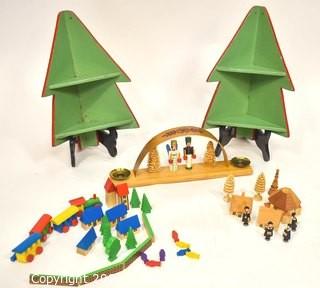 Vintage Christmas Erzgebirge Trains, Carolers and Candle Set with Two Green Wood Christmas Tree Shaped Shelfs. 