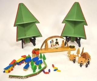 Vintage Christmas Erzgebirge Trains, Carolers and Candle Set with Two Green Wood Christmas Tree Shaped Shelfs. 