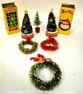 Group of Vintage Christmas Decorations Including Bottle Brush Wreaths and Tree and 2 Wee Winking Blinking Christmas Trees in Box, 