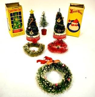 Group of Vintage Christmas Decorations Including Bottle Brush Wreaths and Tree and 2 Wee Winking Blinking Christmas Trees in Box, 