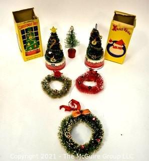 Group of Vintage Christmas Decorations Including Bottle Brush Wreaths and Tree and 2 Wee Winking Blinking Christmas Trees in Box, 