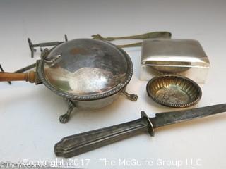 Collection of assorted silverplate including tongs, box, and knife racks 